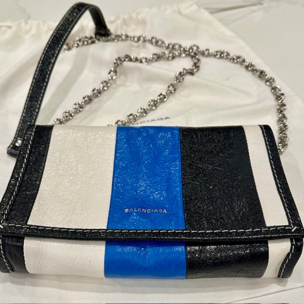 BALENCIAGA BAZAR Stripe Crossbody Shoulder Bag on Chain Blue Black White Leather - Picture 11 of 16